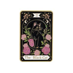 Black Cat Enamel Pin with Pink Roses